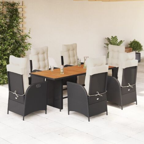 Ensemble Jardin 7 Pièces Noir Résine Tressée avec Coussins Crème - Table Acacia 190 cm, 6 Chaises Relax inclinables