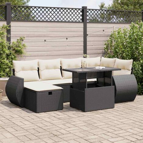 Ensemble jardin 7 pièces noir résine tressée avec coussins crème - Table réglable hauteur, sièges modulaires et housses lavables - 4 coins + 2 centraux + 1 table 100x55cm