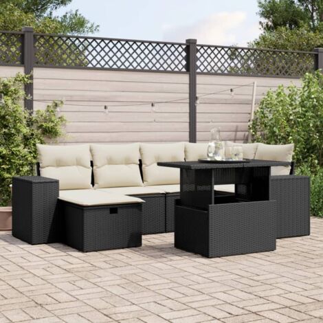 Ensemble jardin 7 pièces noir résine tressée - Salon extérieur avec coussins crème, table verre trempé ajustable, 6 places assises