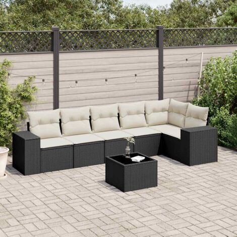 Ensemble Jardin 7 Pièces Noir Résine Tressée - Salon Extérieur avec Coussins Crème, Table Verre Trempé, Modulaire et Lavable