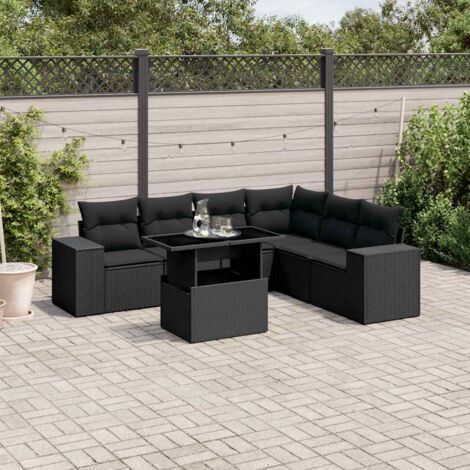 Ensemble jardin 7 pièces noir résine tressée - Salon extérieur avec table ajustable et coussins lavables - 6 sièges + table - Résistant aux intempéries