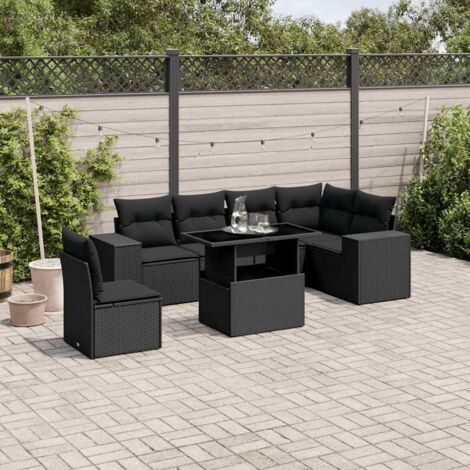 Ensemble Jardin 7 Pièces Noir Résine Tressée - Salon Extérieur Modulable avec Table Réglable et Coussins Détachables