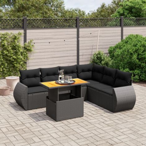 Ensemble Jardin 7 Pièces Noir Résine Tressée - Salon Extérieur Modulable avec Table Réglable et Coussins Détachables