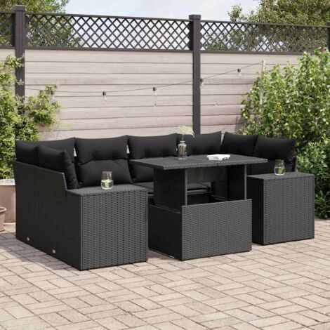 Ensemble Jardin 7 Pièces Résine Tressée Noir avec Coussins Blanc Crème - Salon Extérieur Modulaire Table Réglable 100x55cm