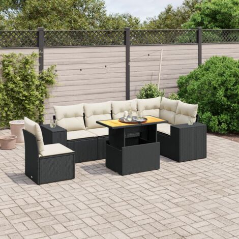 Ensemble Jardin 7 Pièces Résine Tressée Noir avec Coussins Crème - Table Réglable Haute/Basse - Modulaire