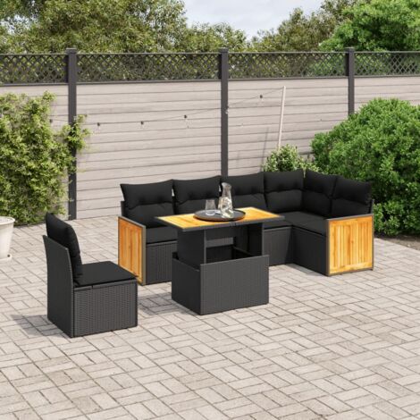 Ensemble jardin 7 pièces résine tressée noir - Salon extérieur modulable avec table réglable et coussins lavables