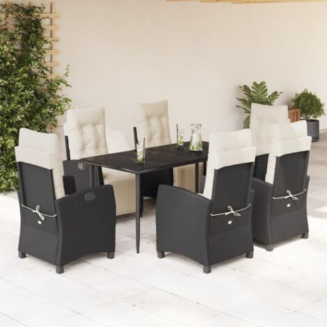 Ensemble Jardin 7 Pièces Table 160cm et Chaises en Résine Tressée Noir avec Coussins Blanc Crème Modèle Relax