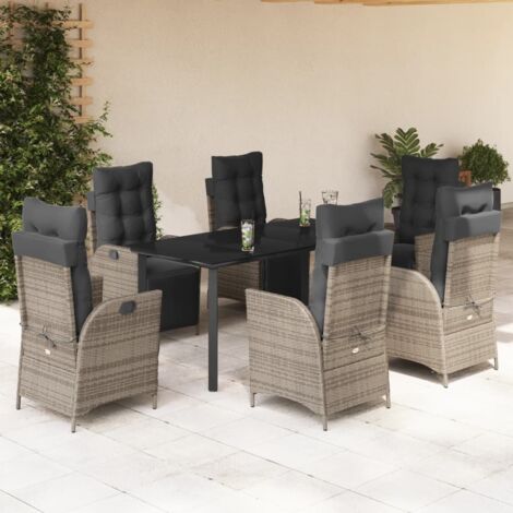 Ensemble Jardin 7 Places Gris Rotin Résine Tressée avec Table Verre 160x80 cm et 6 Fauteuils Inclinables Coussins Amovibles et Lavables