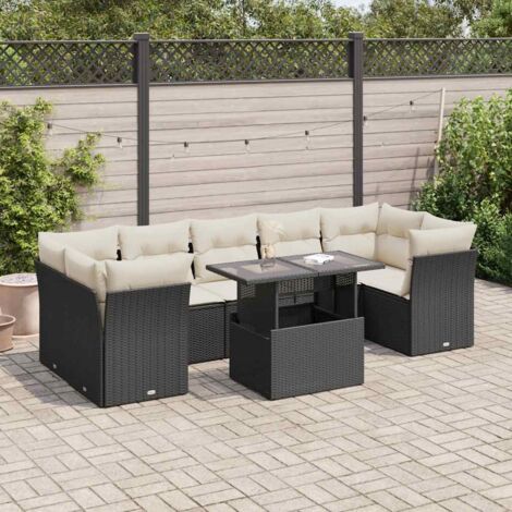 Ensemble Jardin 8 Places Noir Résine Tressée avec Coussins Crème - Salon Extérieur Modulable Table Réglable et Rangements