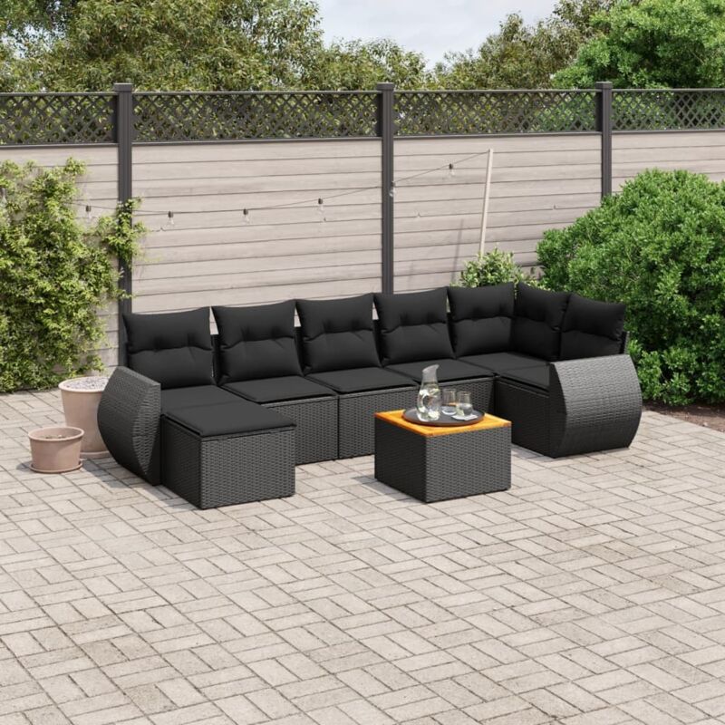 Ensemble de Jardin 8 Places en Résine Tressée Noire avec Table Acacia et Coussins Confortables - Salon d'Extérieur Modulaire