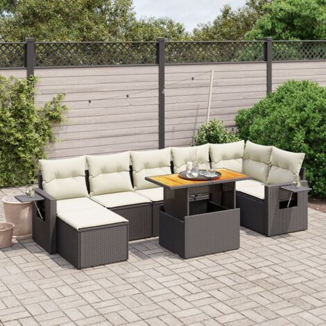 Ensemble Jardin 8 Places Noir Résine Tressée - Salon Extérieur Modulable avec Coussins Crème, Table Acacia Réglable et Mobilier Durable