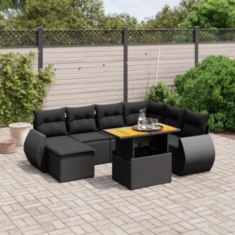 Ensemble Jardin 8 Places Noir Résine Tressée - Salon Extérieur Modulable avec Table Réglable et Coussins Lavables