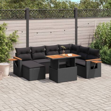 Ensemble jardin 8 places résine tressée noir avec coussins - Salon extérieur modulable table réglable et repose-pieds inclus