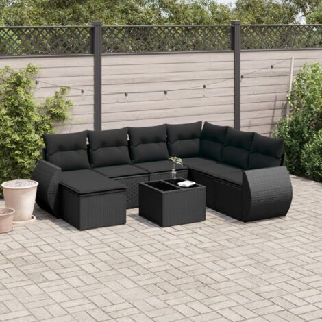 Ensemble jardin 8 places résine tressée noir avec coussins - Salon extérieur modulaire table verre trempé
