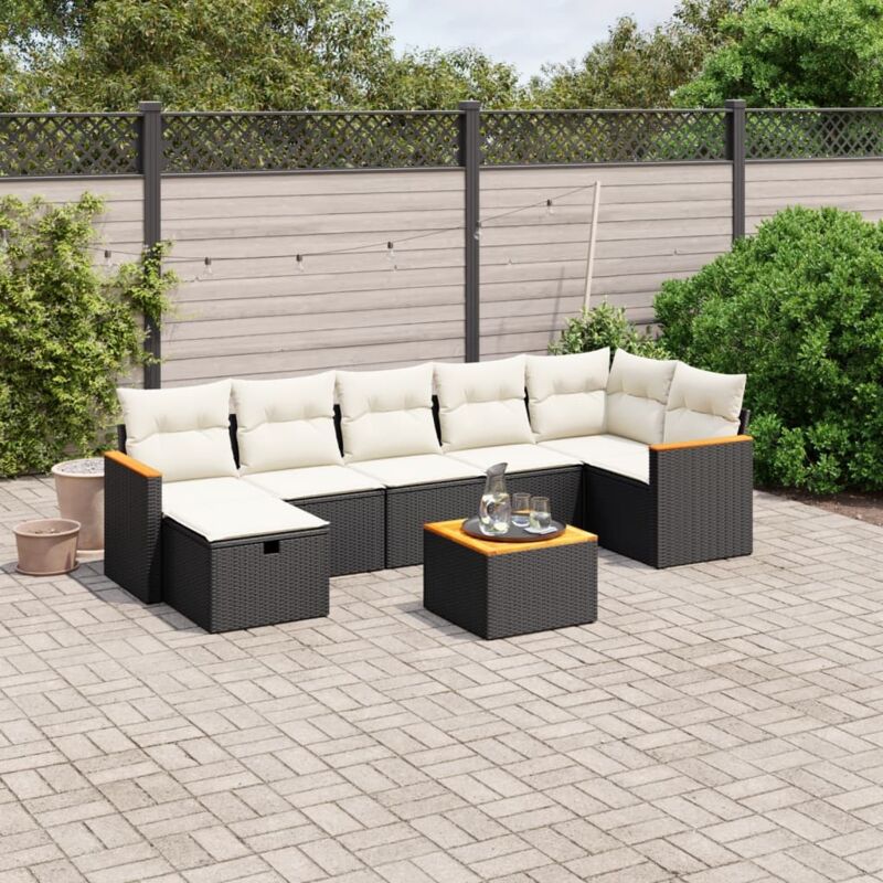 Salon de Jardin 8 Places en Résine Tressée Noire avec Coussins Crème - Ensemble Modulaire Canapé d'Angle, Table Acacia et Pouf