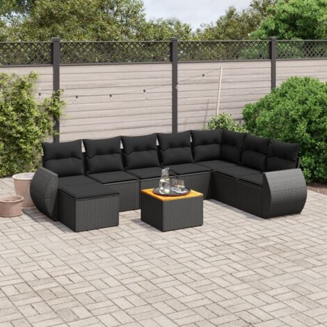 Ensemble Jardin 9 Pièces Noir Résine Tressée - Salon Extérieur Modulaire avec Table Acacia et Coussins Amovibles