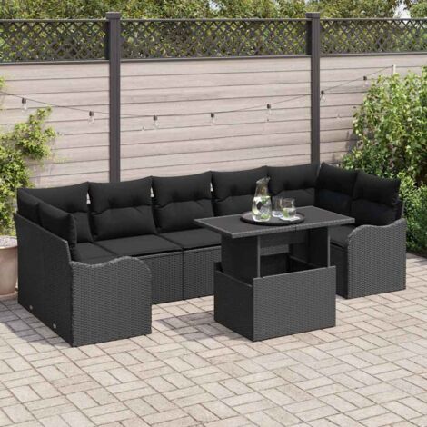 Ensemble jardin 9 pièces poly rotin noir - Canapé salon d'extérieur modulable avec table basse et coussins