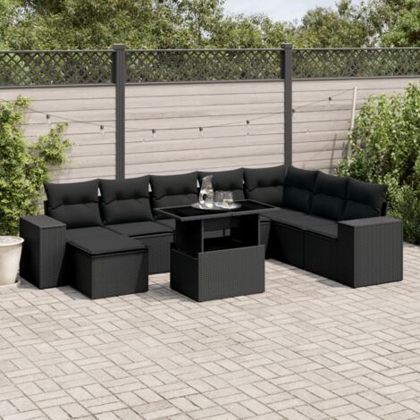 Ensemble Jardin 9 Pièces Résine Tressée Noir avec Coussins - Salon Extérieur Modulable, Table Réglable Hauteur, Mobilier Terrasse