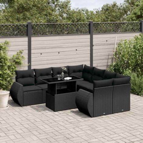 Ensemble Jardin 9 Places Noir Résine Tressée avec Coussins - Salon Extérieur Modulable Table Réglable