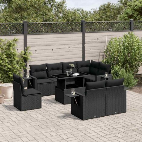 Ensemble Jardin 9 Places Noir Résine Tressée - Salon Extérieur avec Table Réglable et Coussins Confort