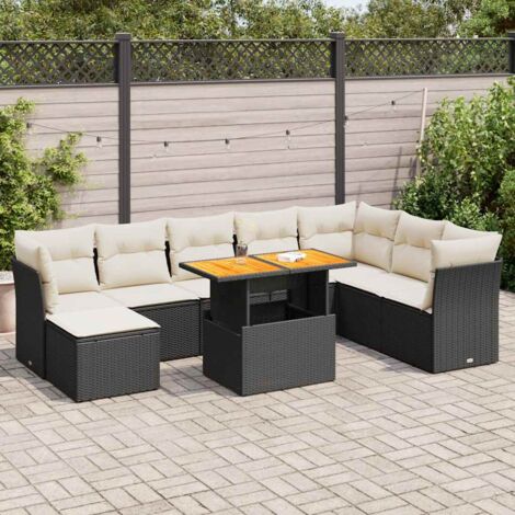 Ensemble Jardin 9 Places Noir Résine Tressée - Salon Extérieur Modulable avec Table Réglable et Coussins Lavables