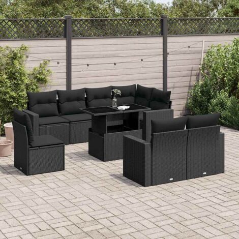 Ensemble Jardin 9 Places Noir Résine Tressée - Salon Extérieur Modulable avec Table Réglable et Coussins Lavables