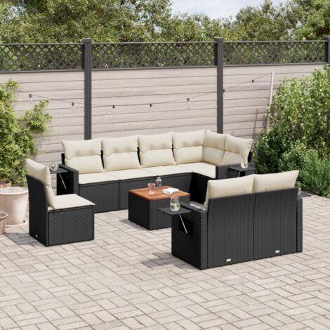 Ensemble Jardin 9 Places Noir Résine Tressée - Salon Extérieur Modulaire avec Table Acacia et Coussins Lavables