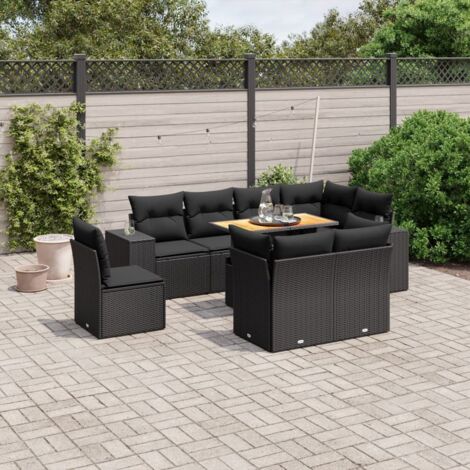 Ensemble jardin 9 places résine tressée noir avec table extensible acacia et coussins déhoussables - Salon modulaire 8 sièges + 1 table basse convertible