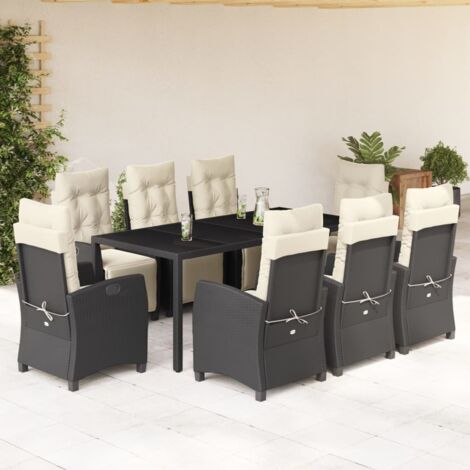 Ensemble Jardin 9 Places Table et Chaises Noir Résine Tressée avec Verre Trempé et Coussins Lavables
