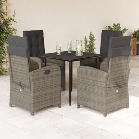 Ensemble Jardin Extérieur Gris 5 Pièces avec Coussins Résine Tressée et Table en Verre 80x80cm
