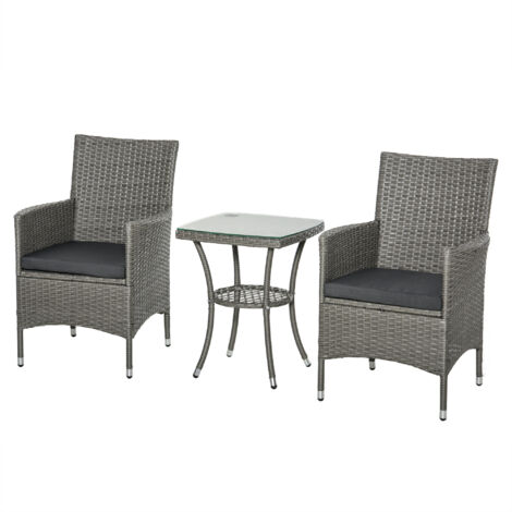 Ensemble jardin polyrattan 3 pièces : mobilier balcon pour 2 personnes, 2 chaises, coussin de table, pour jardin, terrasse, gris