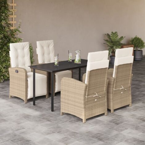 Ensemble Jardin Polyrotin avec Table en Verre et Chaises Relax Inclinables, 5 Pièces Beige/Noir, pour Terrasse et Balcon