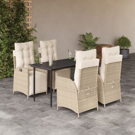 Ensemble Jardin Polyrotin Beige 5 Places Table Verre 140x70cm + 4 Chaises Basculantes Max 110kg avec Coussins