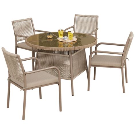 Ensemble jardin rotin moderne 110x110x74cm : table ronde verre, 4 fauteuils, structure fer, idéal terrasse balcon patio - Marron