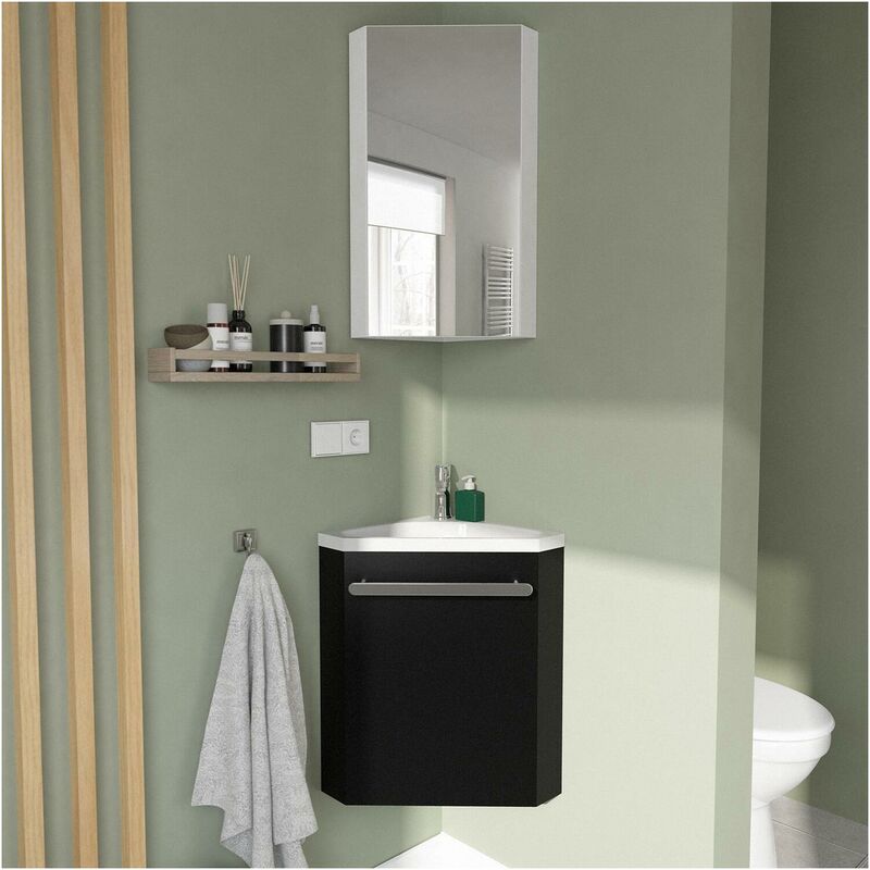 Mob-in - Ensemble lave-mains angle noir + vasque + robinet + armoire toilette d'angle