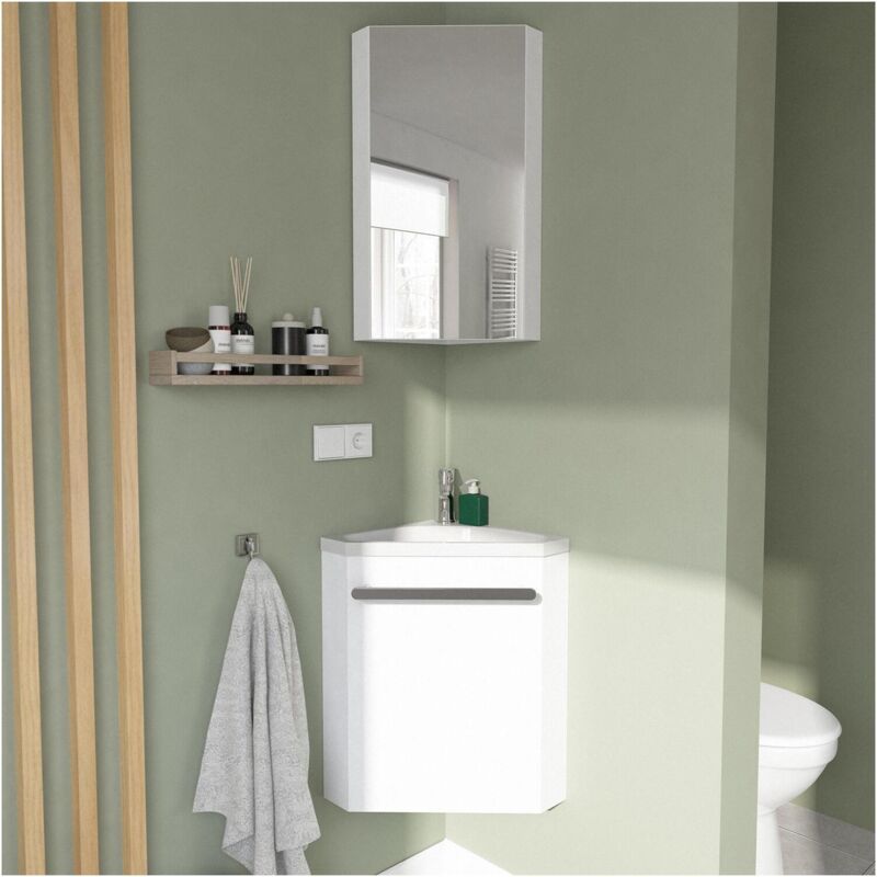 Ensemble lave-mains angle blanc + vasque + robinet + armoire toilette d'angle