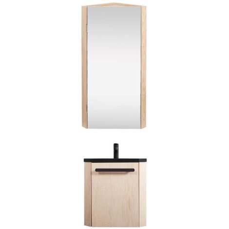 Ensemble lave-mains angle suspendu avec robinet et armoire d'angle décor chêne