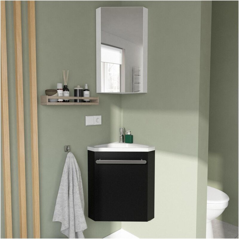 Mob-in - Ensemble lave-mains angle noir + vasque + armoire toilette d'angle