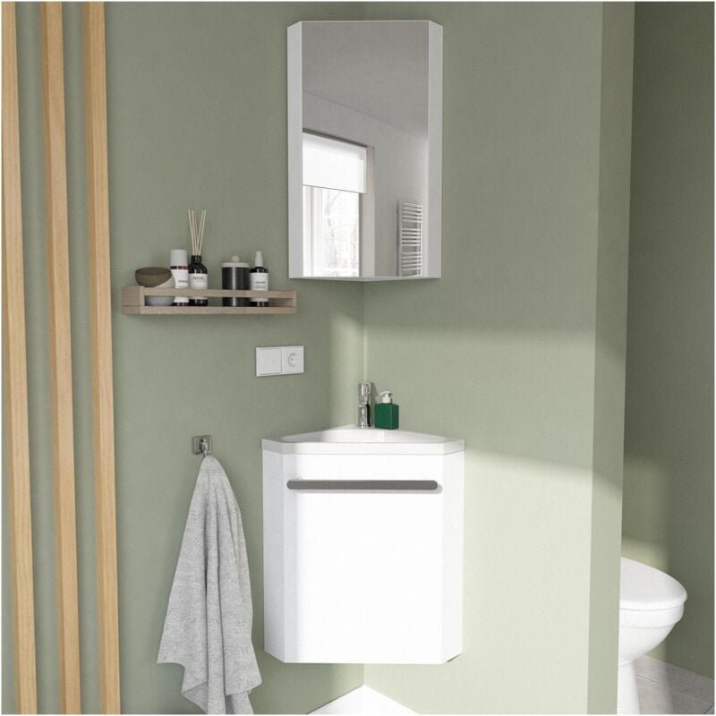 Mob-in - Ensemble lave-mains angle blanc + vasque + armoire toilette d'angle