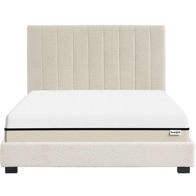 Homifab - Ensemble lit 140x190 en tissu bouclé beige - William + Matelas Hybride à ressorts ensachés et mémoire de forme - Spring Elite