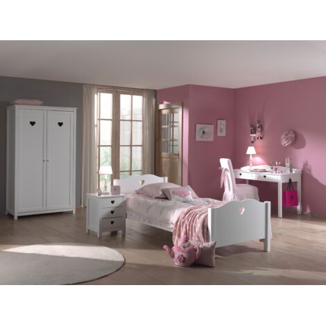 Ensemble lit 90x200 cm, chevet, armoire 2 portes et bureau blanc - AMORENA