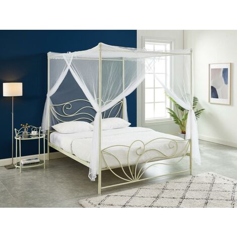Ensemble lit à baldaquin 140 x 190 cm + 2 tables de chevet - Métal façon fer forgé - IMPERATRICE - Blanc