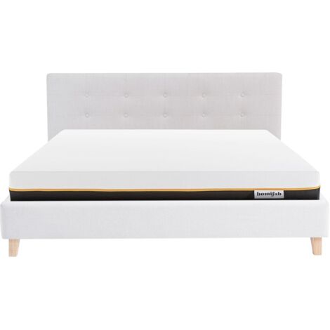 Ensemble Lit adulte 140x190cm avec tête de lit en tissu beige - Milo + Matelas mémoire de forme - Dual Confort
