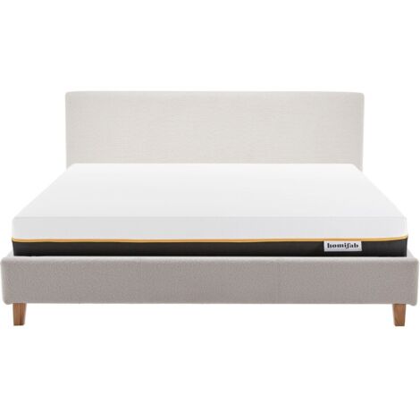Ensemble Lit adulte 140x190cm avec tête de lit en tissu bouclé beige - Milo + Matelas mémoire de forme - Dual Confort