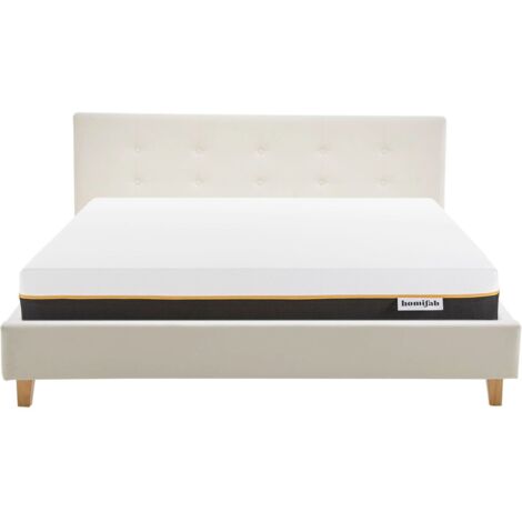 Ensemble Lit adulte 140x190cm avec tête de lit en velours beige - Milo + Matelas mémoire de forme - Dual Confort