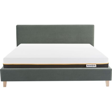 Ensemble Lit adulte 140x190cm avec tête de lit en velours côtelé vert kaki - Milo + Matelas mémoire de forme - Dual Confort