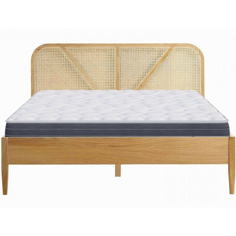 Homifab - Ensemble lit adulte 140x190 cm en bois avec tête de lit en cannage Leonie + Matelas mémoire de forme Memo hr