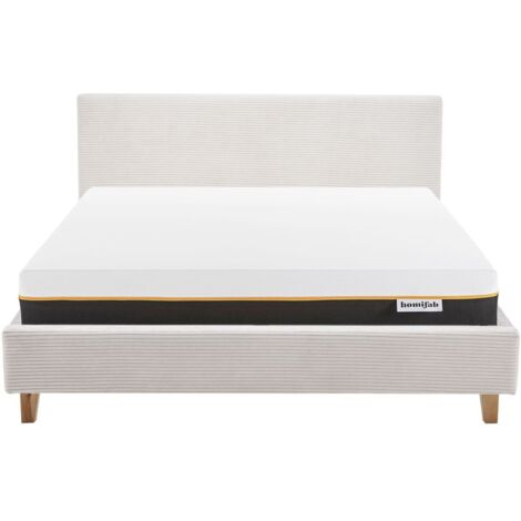 Ensemble Lit adulte 180x200cm avec tête de lit en velours beige - Milo + Matelas mémoire de forme - Dual Confort