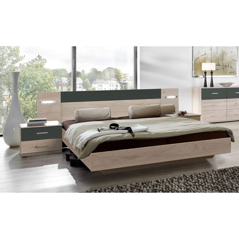 Ensemble Lit adulte avec led et 2 chevets coloris Imitation chêne Hickory rechampis graphite - 180 x 200 cm