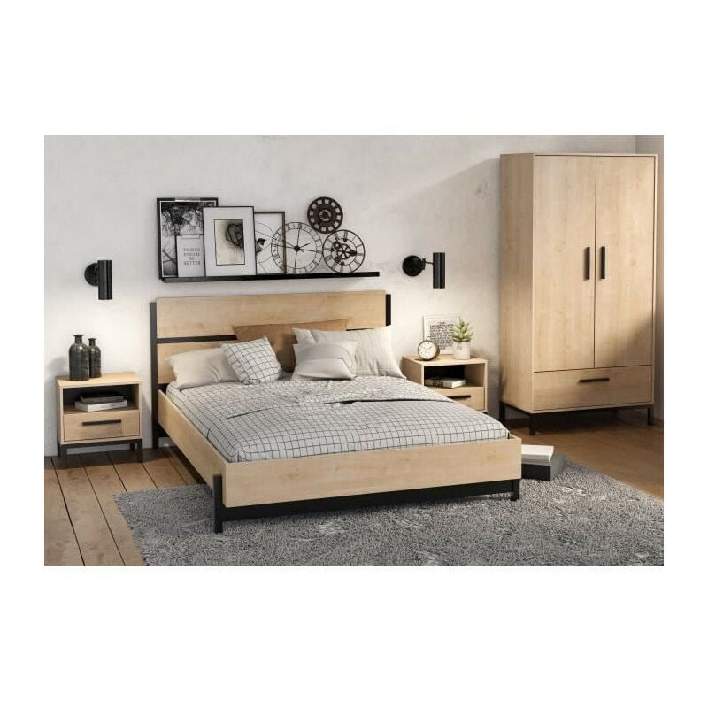 Ensemble lit adulte craft 140x190/200 cm - 2 chevets + armoire - Mélaminé - Décor chene Hamilton - Fabrication française - d